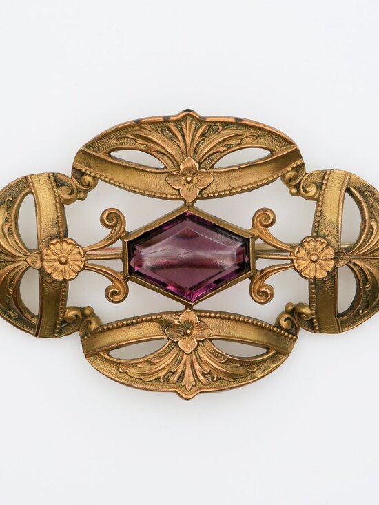 Jewelry - Antique Art Nouveau Brass Openwork Purple Rhinestone Sash Pin 1900s